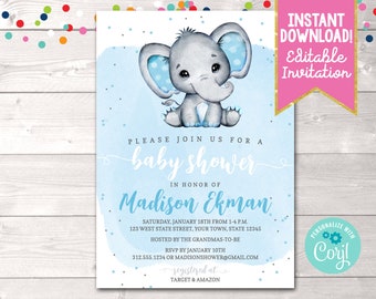 Editable Blue Elephant Baby Shower Invitation, Instant Download Boys Elephant Baby Shower Invite, Printable Baby Boy Shower Invitation