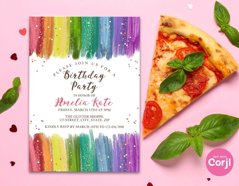 Rainbow Glitter Birthday Invitation, Colorful Girls Birthday Party Invite, Sparkle Rainbow Kids Birthday, Printable Party Invite image 7