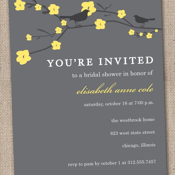 Printable Charcoal and Yellow Cherry Blossoms and Sparrow Love Birds DIY Bridal Shower Invitations