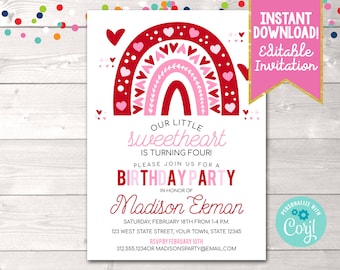 Editable Little Sweetheart Birthday Party Invitation, Printable Valentines Day Birthday Invitation Instant Download Hearts & Rainbows Invite