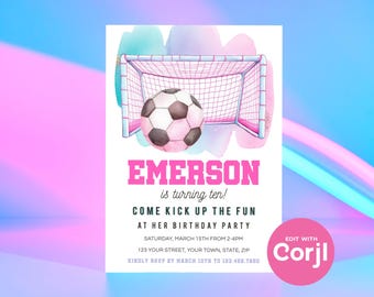 Invitación de cumpleaños para niñas con temática de fútbol: imprimible y editable (descarga instantánea). Imprime o envía un mensaje de texto.