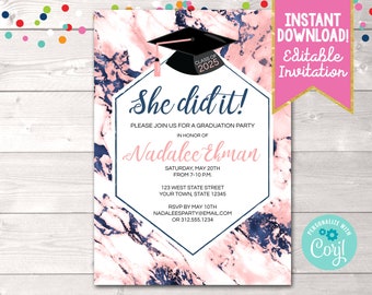 Printable Girls Pink & Blue Marble Graduation Party Invitation, Instant Download Marble Graduation Party Invite Editable Digital File PDF