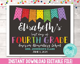 Last Day of School Sign, Printable Last Day of School Sign, Last Day of Fourth Grade Sign, Editable Last Day of 4th Grade School Sign