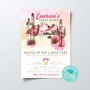 Editable Cowgirl Birthday Invitation: First Rodeo, Pink & Orange (Digital Download)
