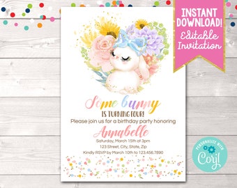 Printable Some Bunny Girls Birthday Party Invitation, Editable Pink Girls Easter Bunny Birthday Party Invite, Instant Download Bunny Invite