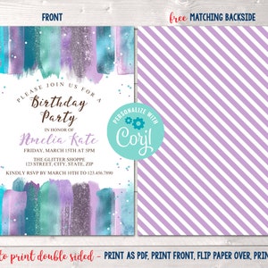 Purple & Teal Glitter Splash Birthday Party Invitation, Instant Download Editable Girls Birthday Party Invite, Tween Teen Birthday Invite image 2