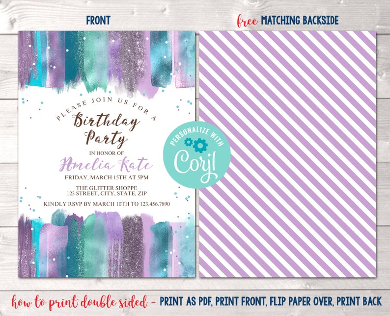 Purple & Teal Glitter Splash Birthday Party Invitation, Instant Download Editable Girls Birthday Party Invite, Tween Teen Birthday Invite image 2