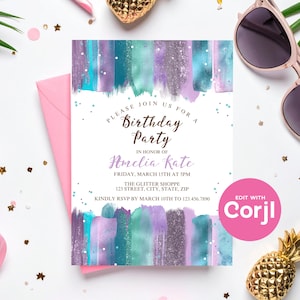 Glitter Splash Birthday Party Invitation: Purple & Teal (Instant Download) Print or Text