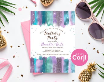 Glitter Splash Birthday Party Invitation: Purple & Teal (Instant Download) Print or Text