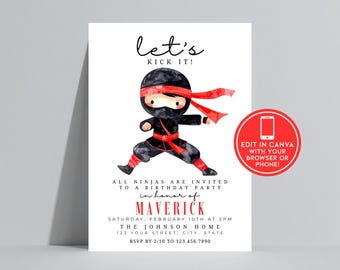 Convite de aniversário ninja editável | Modelo Canva (Download digital)