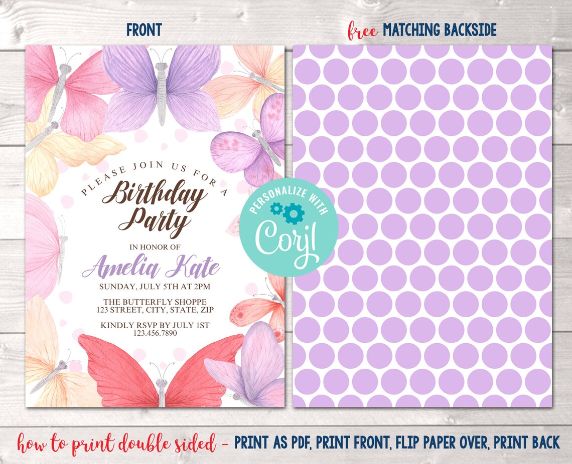 Printable Girls Butterfly Birthday Party Invitation Editable | Etsy
