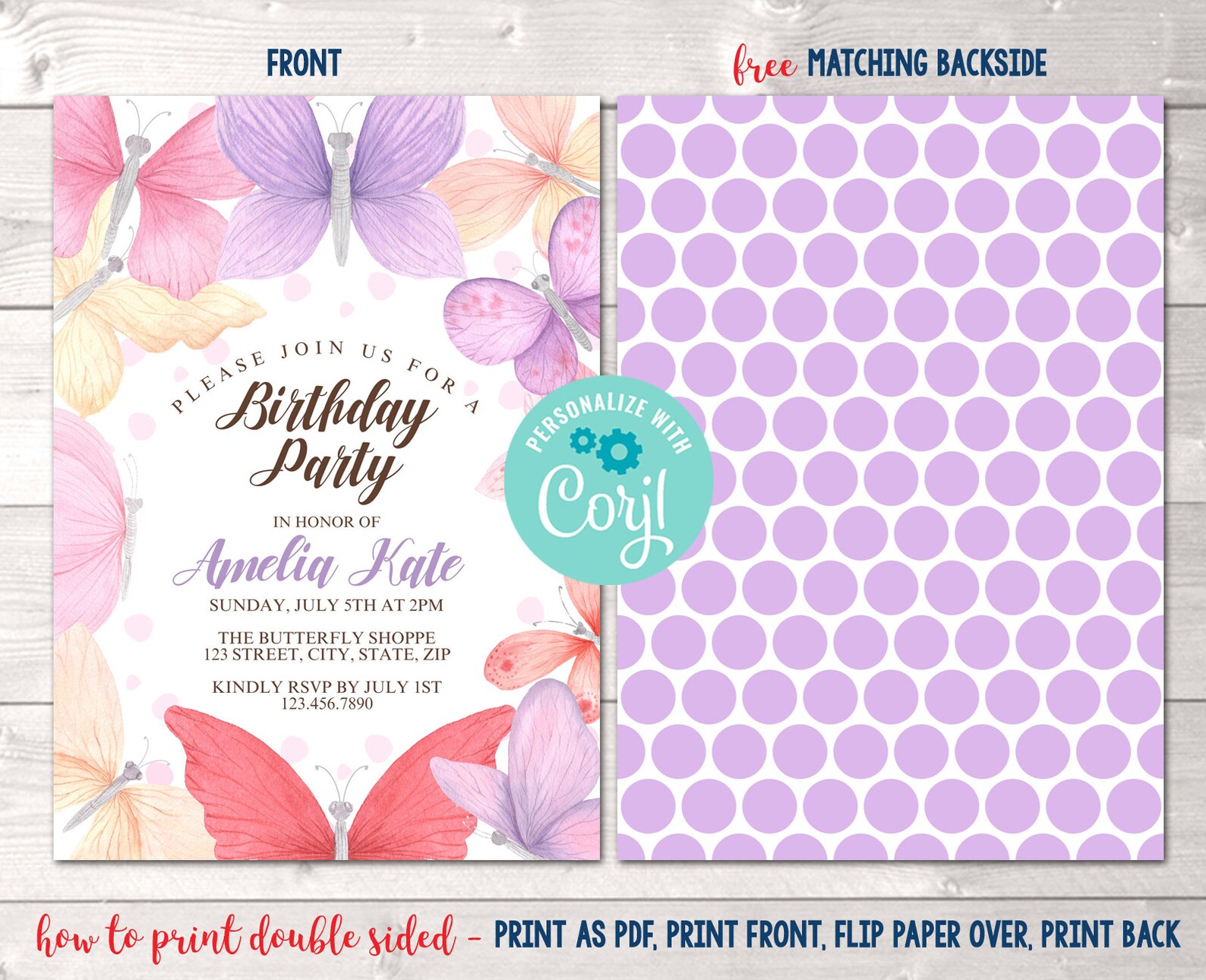 Printable Girls Butterfly Birthday Party Invitation Editable | Etsy