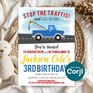 Tow Truck Birthday Invitation, Truck Theme Party Invite, Boys Birthday Invitation, Tow Truck Party, Printable Kids Birthday image 9