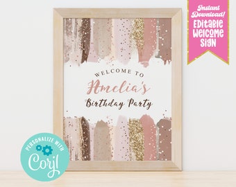 Instant Download Gold Glitter Brush Birthday Party Welcome Sign Printable Editable Girls Art Party Decor Birthday Party Table Welcome Sign