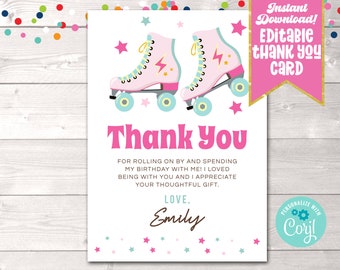 Printable Girls Roller Skating Party Thank You Card, Editable Girls Stationery, Instant Download Retro Roller Skates Birthday Thank You Card