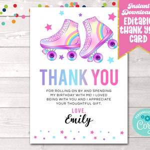 Editable Girls Roller Skating Thank You Card, Printable Kids Roller ...