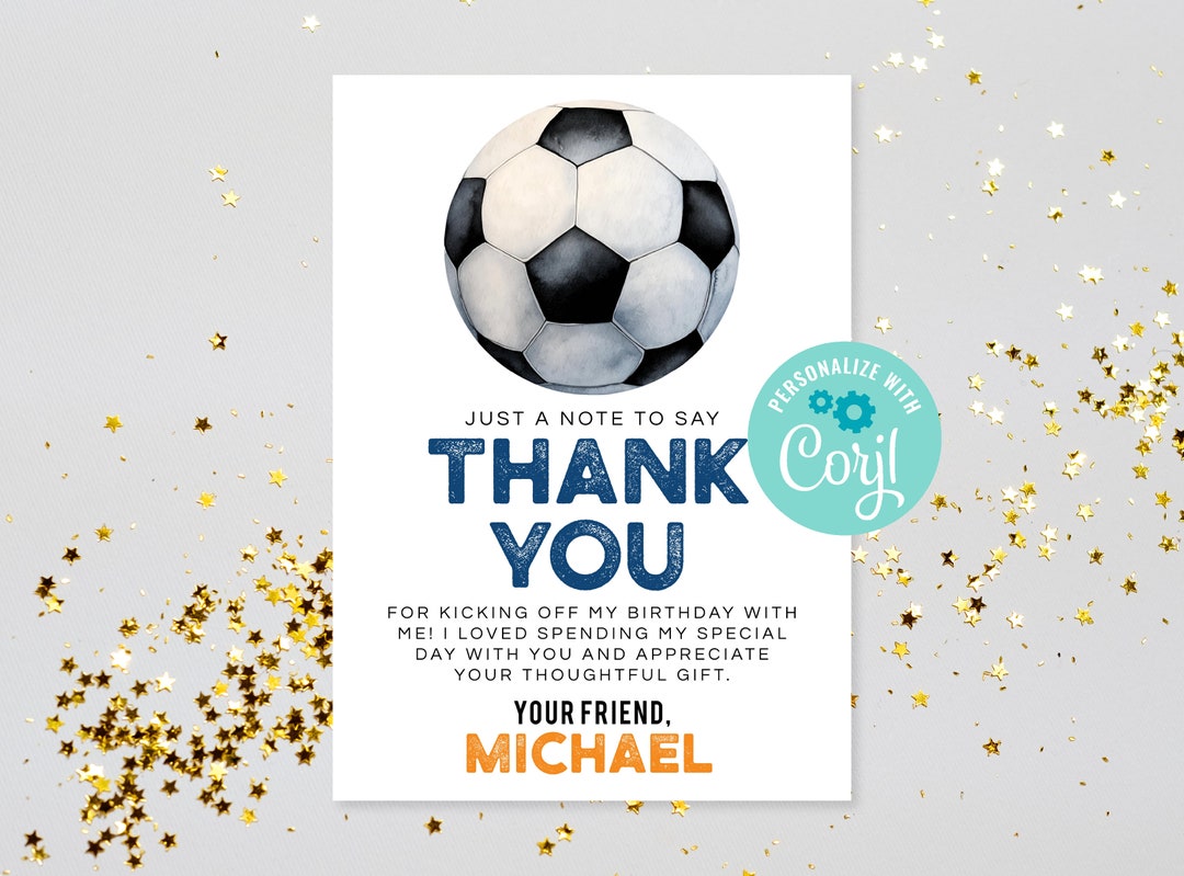 Printable Soccer Thank You Card, Corjl Editable Boys Soccer Birthday ...