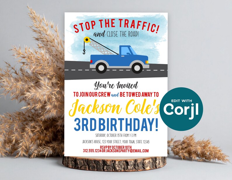Tow Truck Birthday Invitation, Truck Theme Party Invite, Boys Birthday Invitation, Tow Truck Party, Printable Kids Birthday image 12