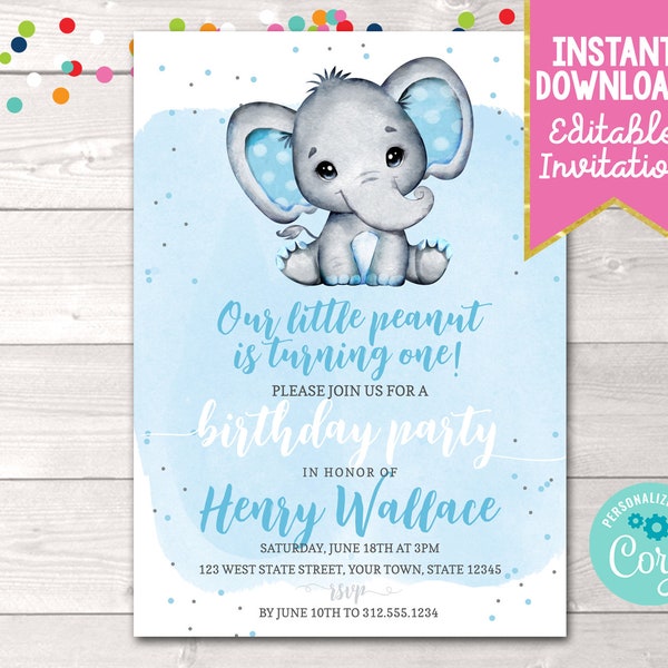 Editable Elephant Boys First Birthday Party Invitation, Printable Elephant 1st Birthday Party Invite, Instant Download Birthday Invitation