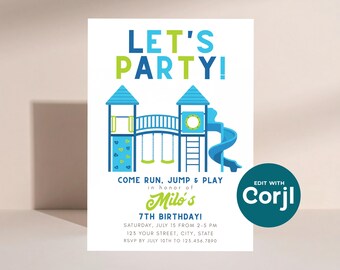 Editable Boys Birthday Invitation | Park Playground Birthday Party Invite | Blue & Green