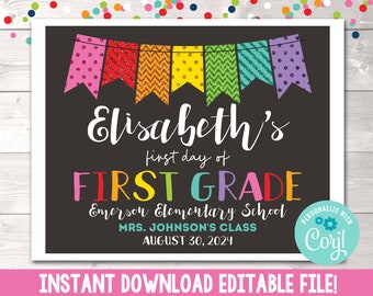 Printable First Day of First Grade Sign, Editable First Day of 1st Grade School Photo Prop, Instant Download 1st Day of 1st Grade PDF