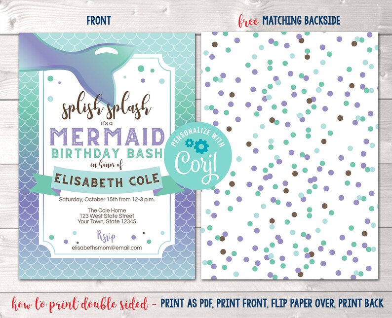 Printable Mermaid Birthday Party Invitation Editable Girls | Etsy