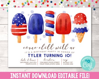 Editable 4th of July Birthday Party Invitation, Printable Fourth of July Popsicle Ice Cream Summer Birthday Party Invite Instant Download