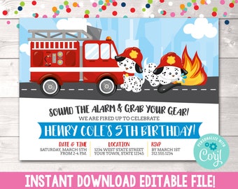 Editable Fire Truck Birthday Invitation, Instant Download Firefighter Dogs Birthday Invitation Printable Dalmatian Fire Truck Birthday Party