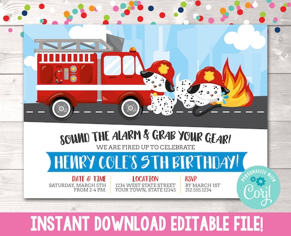 Editable Fire Truck Birthday Invitation, Instant Download Firefighter Dogs Birthday Invitation Printable Dalmatian Fire Truck Birthday Party Il_570xn