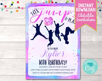 Instant Download Girls Jump Birthday Party Invitation, Printable Jump Trampoline Park Birthday Invite, Editable Girls Jump Party Invitation
