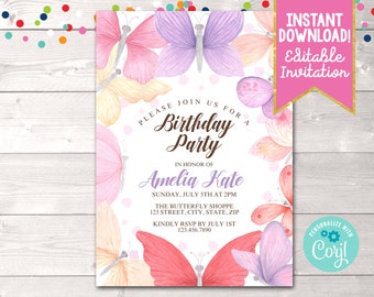 Printable Girls Butterfly Birthday Party Invitation, Editable Butterfly Birthday Party Invite, Instant Download Butterflies Birthday Invite