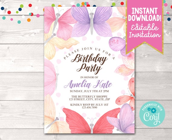 Printable Girls Butterfly Birthday Party Invitation Editable | Etsy