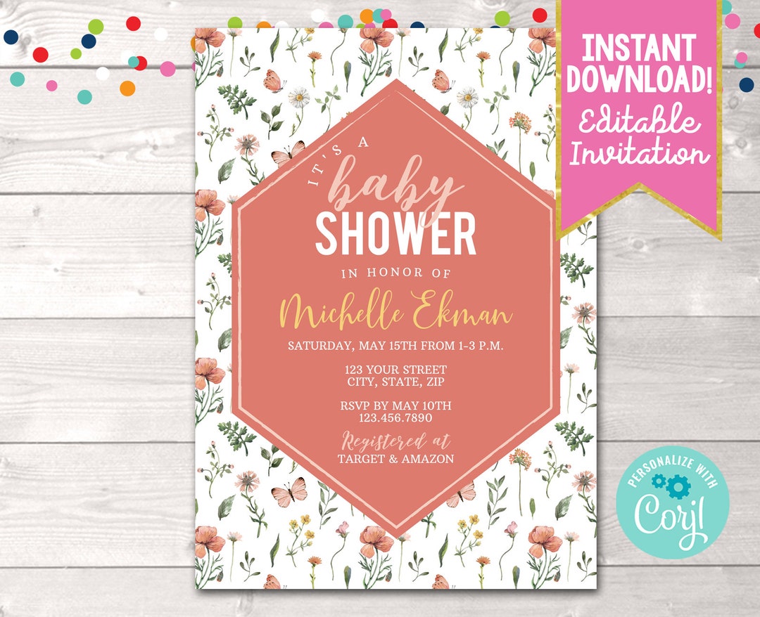 Printable Butterfly Kisses Baby Shower Invitation, Editable Pink Floral
