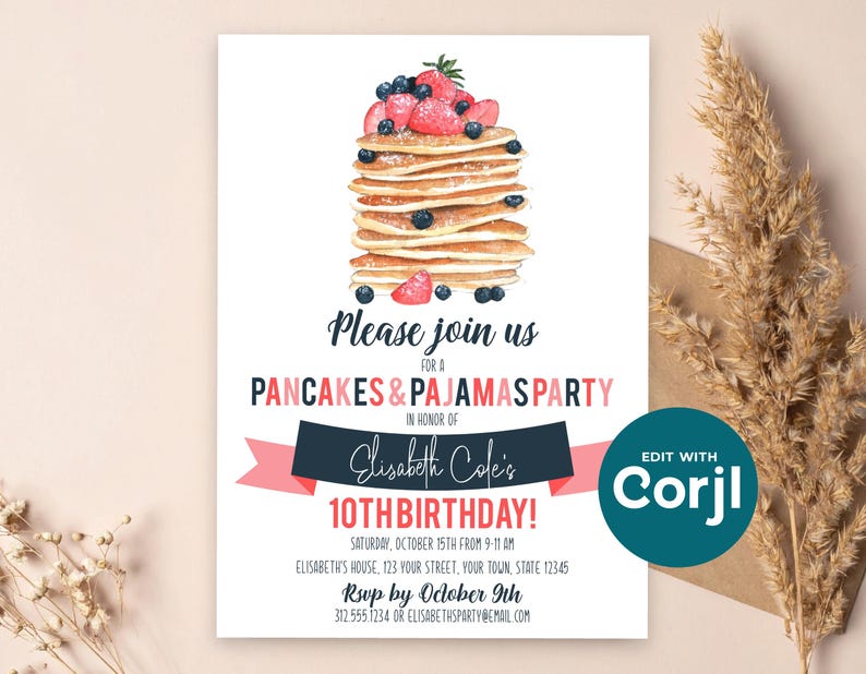 Pancakes & Pajamas Birthday Invitation | Pajama Party Invite | Editable Corjl Template image 11