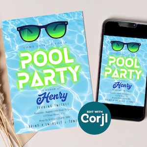 Invitación editable para fiesta en la piscina de chicos: Invitación estilo preppy para adolescentes (Descarga digital) Imprimir o enviar por mensaje de texto