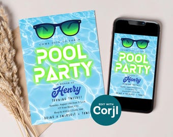 Editable Boys Pool Party Invitation: Preppy Teen Invite (Digital Download) Print or Text