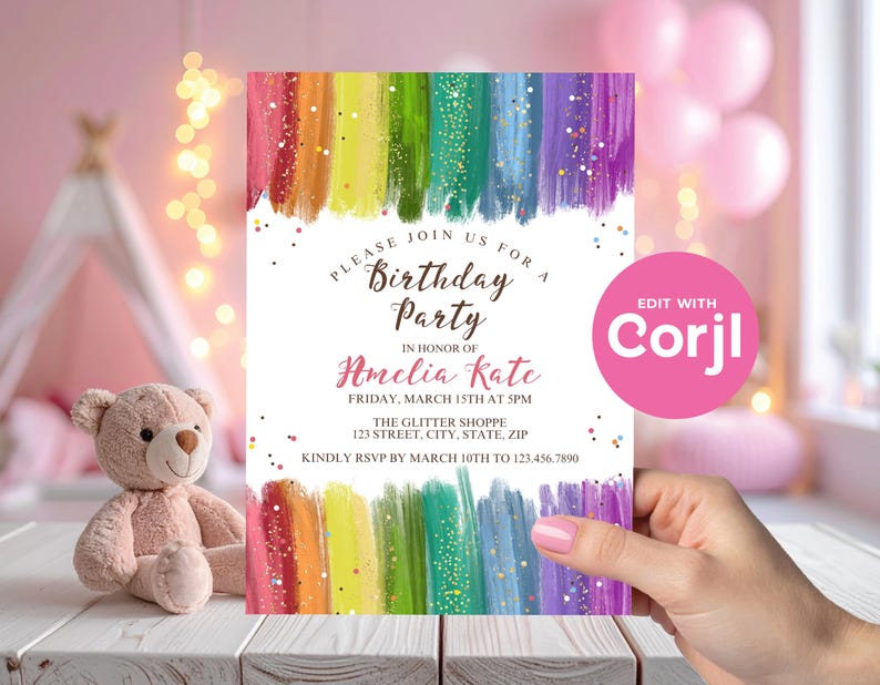 Rainbow Glitter Birthday Invitation, Colorful Girls Birthday Party Invite, Sparkle Rainbow Kids Birthday, Printable Party Invite image 12