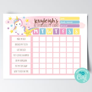 Editable Unicorn Reward Chart, Printable Unicorn Responsibility Chart, Girls Chore Chart Printable Responsibility Chart Instant Download PDF