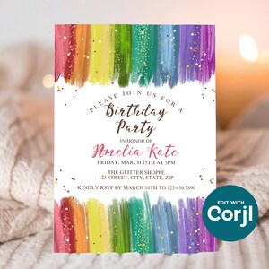 Rainbow Glitter Birthday Invitation, Colorful Girls Birthday Party Invite, Sparkle Rainbow Kids Birthday, Printable Party Invite image 10