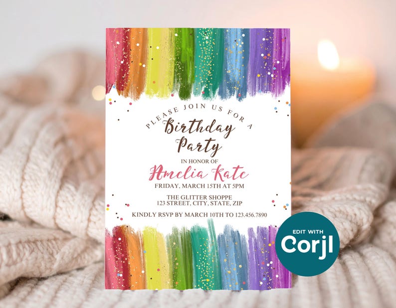 Rainbow Glitter Birthday Invitation, Colorful Girls Birthday Party Invite, Sparkle Rainbow Kids Birthday, Printable Party Invite image 10