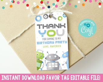 Editable Boys Blue Robot Favor Tag, Printable Robots Birthday Party Favor Tag Gift Tag, Instant Download Blue & Green Robots Party Favor Tag