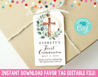 Editable First Communion Favor Tag, Instant Download Eucalyptus Wreath & Cross First Communion Religious Gift Tag Printable for Boys Girls