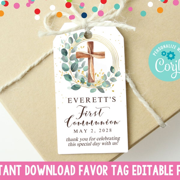 Editable First Communion Favor Tag, Instant Download Eucalyptus Wreath & Cross First Communion Religious Gift Tag Printable for Boys Girls