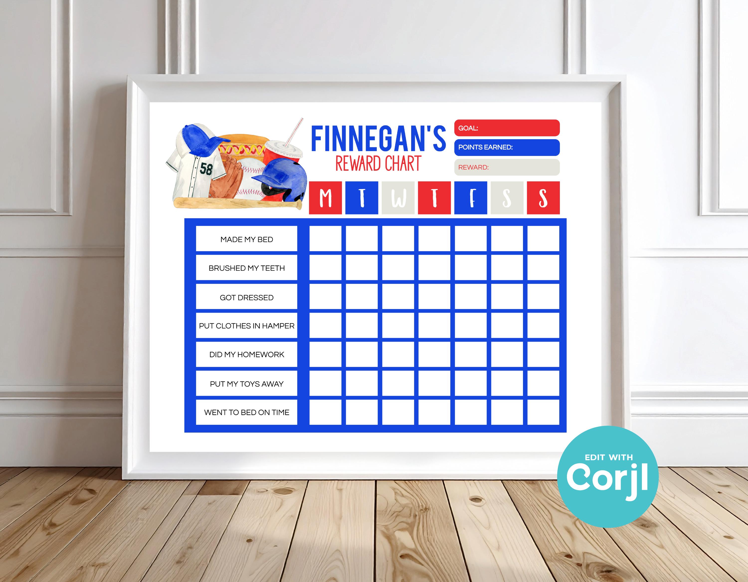 Editable Baseball Chore Chart, Printable Boys Reward Chart PDF Instant ...