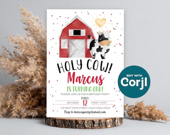 Holy Cow Birthday Invitation: Editable Farm Barnyard Invite (Digital Download) Print or Text