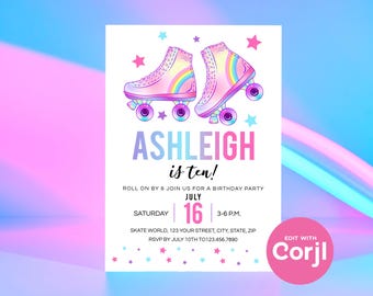 Roller Skate Birthday Invitation | Retro Skating Party Invite | Editable Corjl Template