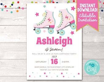 Pink Girls Retro Roller Skating Birthday Party Invitation Editable 80's 90's Roller Skating Party Birthday Invite Printable Instant Download