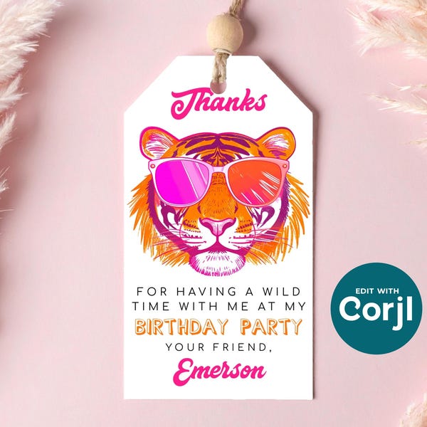 Pink Tiger Birthday Party Favor Tag: Editable Printable (Digital Download)