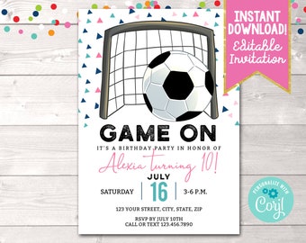 Editable Pink Girls Soccer Birthday Party Invitation, Printable Soccer Birthday Party Invite Instant Download, Sports Birthday Invite Corjl