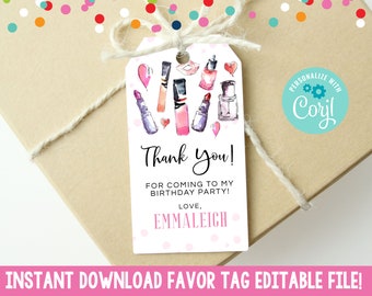 Printable Girls Spa Day Birthday Party Favor Tags, Editable Makeup Birthday Gift Tags, Instant Download Teen Tween Girls Birthday Favor Tags